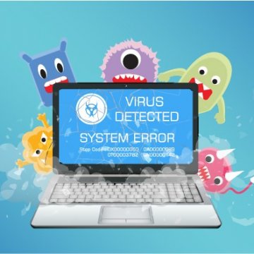 Advanced System Repair overview system optimizers open laptop with virus detected system error message on the display blue background animated viruses threats behind the laptop